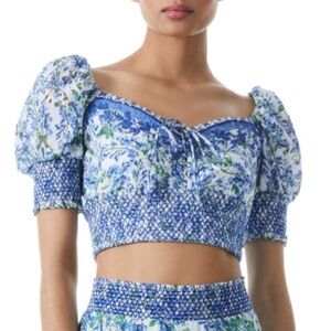 NWT ALICE + OLIVIA Crawford Floral Puff Sleeve Cotton Silk Crop Top Sz. L
